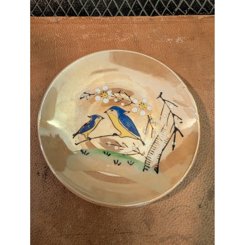 Vintage Japan Lusterware Butter Pat Plate Blue Birds Cherry Blossoms 3.5in
